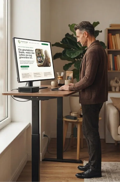 Ein Mockup mit einem Mann am Stehschreibtisch der auf seinem Bildschirm die Startseite der Onlinepsychotherapie Praxis Life in Balance ansieht