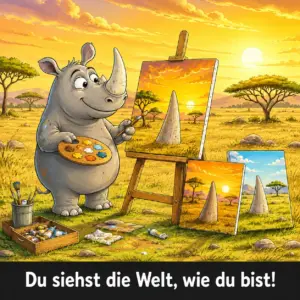 Ein Nasshorn malt auf einer Staffelei Landschaftsbilder welche immer seinen Horn im Vordergrund haben. Darunter steht der Text: Du sieht die Welt, wie du bist.