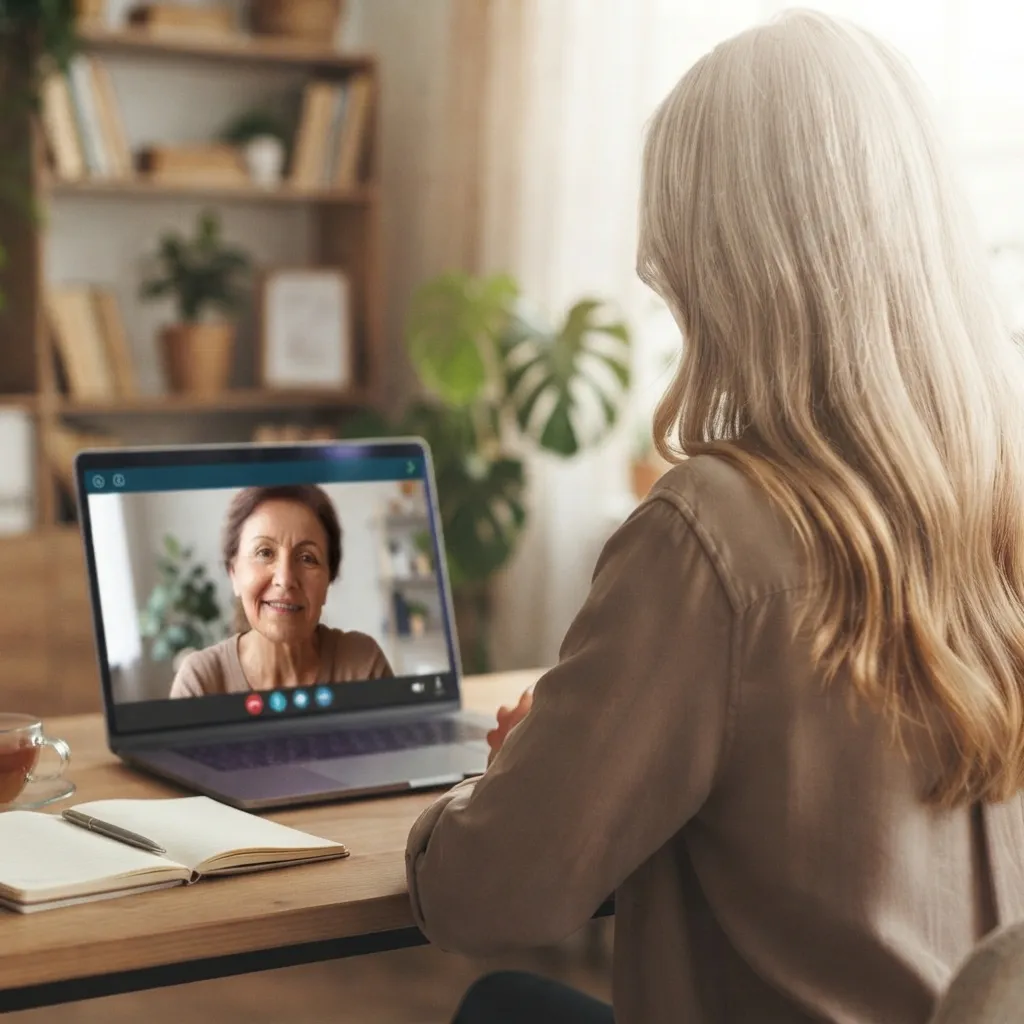 Psychotherapeutin sitzt vor Ihrem Laptop und hält eine Online-Psychotherapie Sitzung mit einer Patientin ab