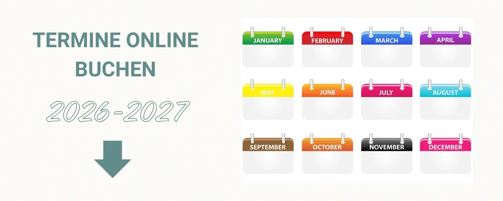 Ein Bild mit einem Kalender auf dem steht: Termine Online Buchen hier